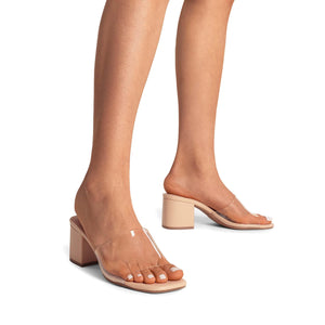 DREAM PAIRS Women's Square Open Toe Heels Sandals Low Block Chunky Heeled Sandals Slide Sandals Slip on Comfortable Casual Pumps Shoes,Size 8,Nude-Clear,SDHS2432W