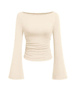 Load image into Gallery viewer, PRETTYGARDEN Women's Long Sleeve Shirts 2025 Fall Going Out Tops Casual Boat Neck Bell Sleeve Ribbed Ruched Y2K Clothes (Beige,Medium)
