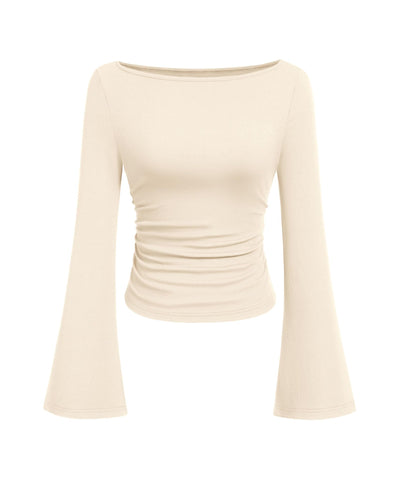 PRETTYGARDEN Women's Long Sleeve Shirts 2025 Fall Going Out Tops Casual Boat Neck Bell Sleeve Ribbed Ruched Y2K Clothes (Beige,Medium)