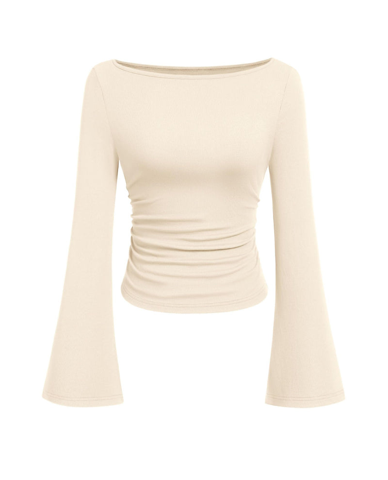 PRETTYGARDEN Women's Long Sleeve Shirts 2025 Fall Going Out Tops Casual Boat Neck Bell Sleeve Ribbed Ruched Y2K Clothes (Beige,Medium)