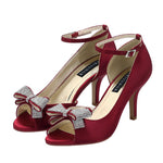 Load image into Gallery viewer, ERIJUNOR E1599 Women Comfortable Middle Heel Peep Toe Bows Rhinestones Satin Wedding Evening Party Shoes Burgundy US 8
