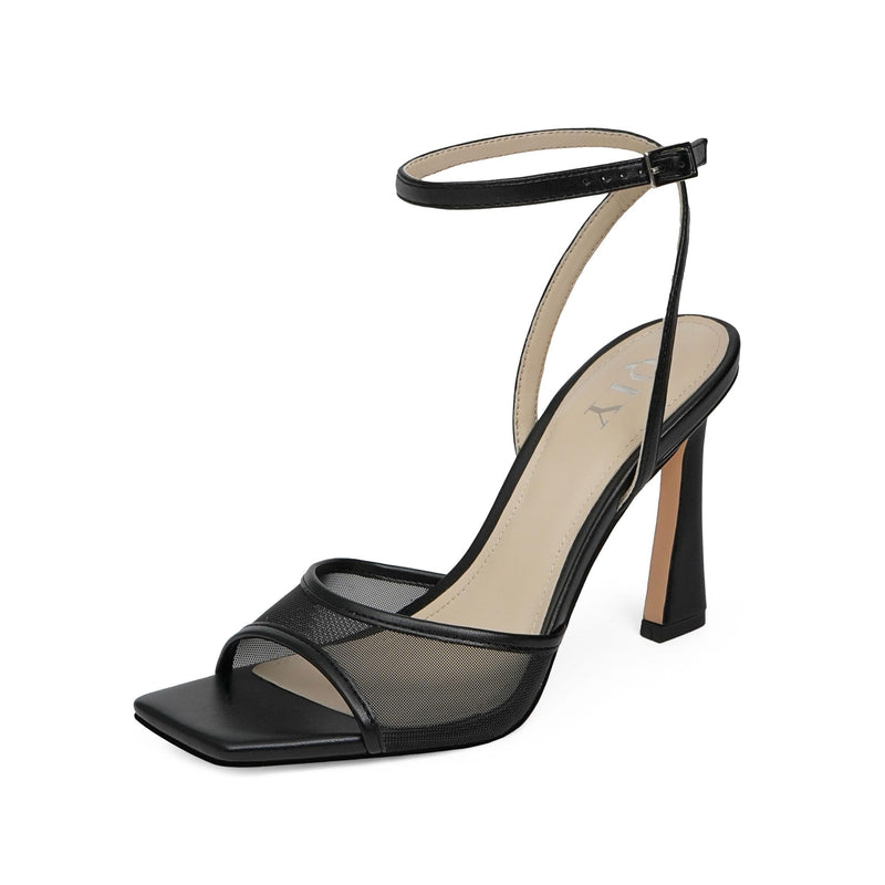 QIY Black Mesh Heels for Women Strappy Heels Stilettos 3 Inch Heel Square Open Toe Heel Faux Leather Black Sandal Dress Shoes Heeled Sandals Size 9
