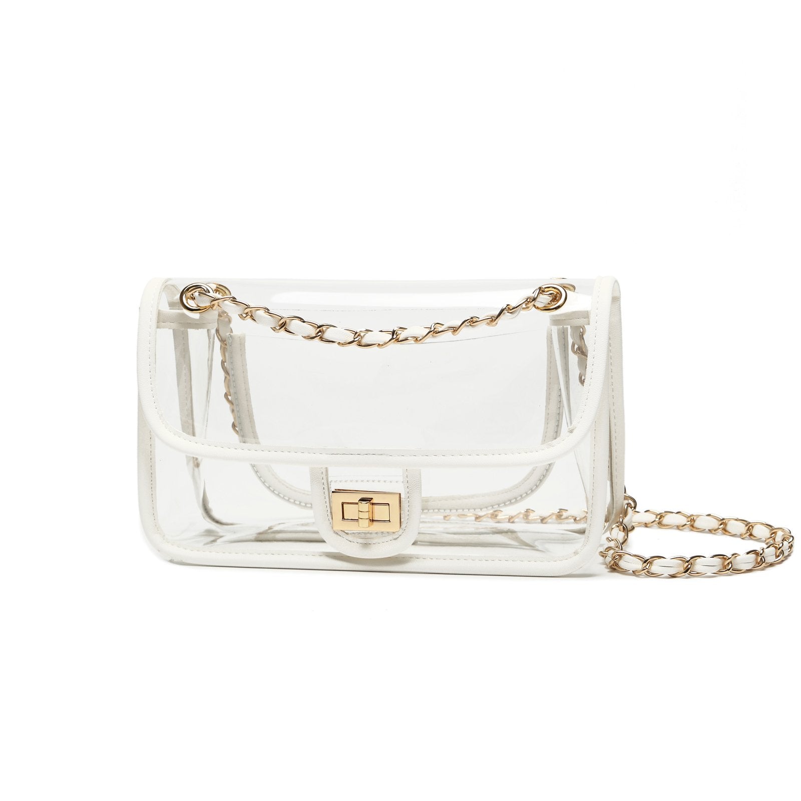 LAM GALLERY Womens PVC Clear Purse Handbag with Chain Stadium Approved Clear Bag See Through Bag for Working and Concert (White Gold Large)