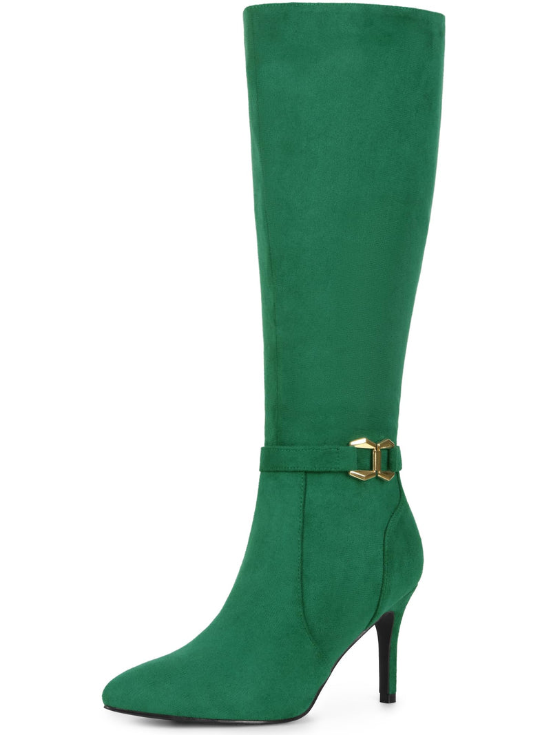 Allegra K Women's Knee High Boots Buckle Pointed Toe Stiletto Heel Emerald Green Boots 9 M US