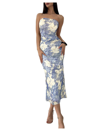 Milumia Women's Summer Strapeless Tube Top Dresses Side Slit Ruched Bodycon Maxi Dress Vacation Blue Multi Medium