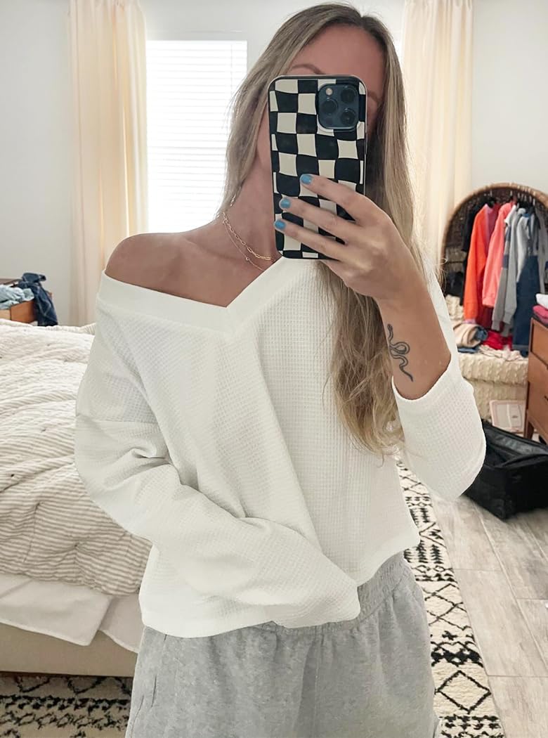 Poetsky Waffle Knit V Neck Sweater Crop Long Sleeve Women Off Shoulder Top Ladies Pullover Sweaters Fall and Winter White M