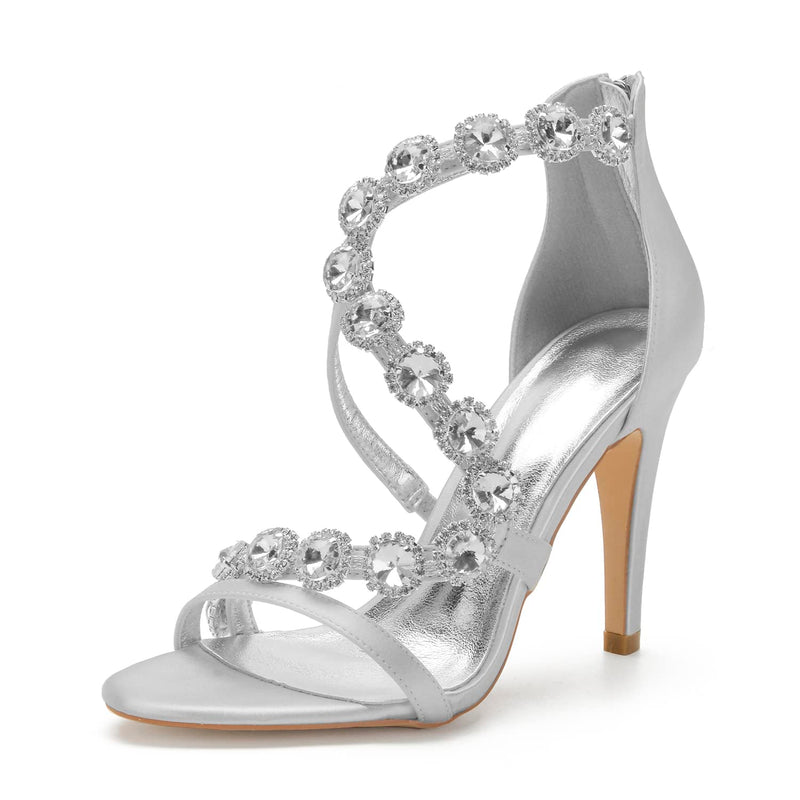 Women's Bridal Wedding Sandals High Heels Crystal Satin Ankle Strap Rhinestones Zipper Back Formal Evening Prom Party Dress Shoes Pumps Silver