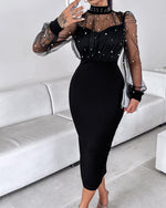Load image into Gallery viewer, CHICME Sexy Black Dress for Women Mock Neck Bodycon Midi Dress Long Sleeve Sheer Dresses Beaded Night Club Party Dresses Black-XL
