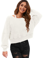 Load image into Gallery viewer, ReachMe Womens Open Back Sweatshirts Crop Backless Long Sleeve Shirts Off the Shoulder Crewneck Workout Tops(White,S)
