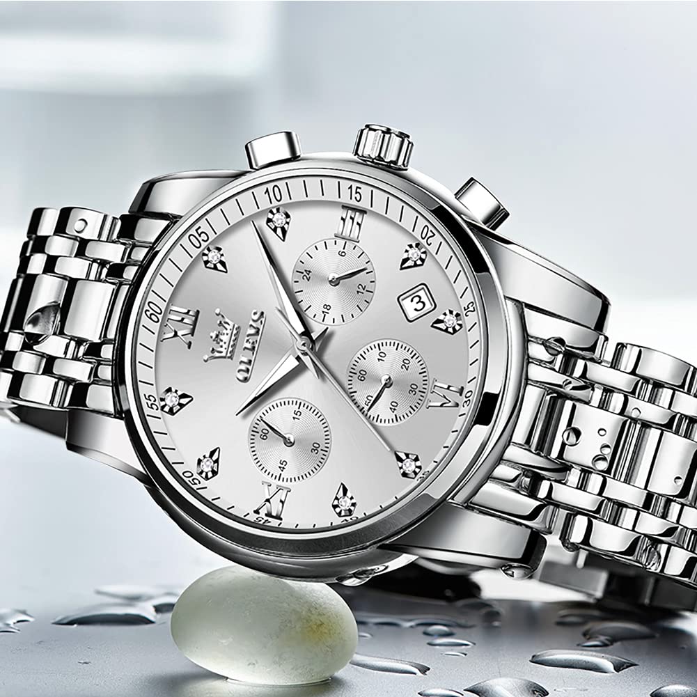 OLEVS Large Face Watches for Men Silver Bezel Diamond Chronograph Watches Stainless Steel Strap Luxury Men Three Hand Watch Waterproof Auto Calendar Easy Read Analog Men's Quartz Watch Reloj De Hombre
