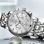 Load image into Gallery viewer, OLEVS Large Face Watches for Men Silver Bezel Diamond Chronograph Watches Stainless Steel Strap Luxury Men Three Hand Watch Waterproof Auto Calendar Easy Read Analog Men&#39;s Quartz Watch Reloj De Hombre
