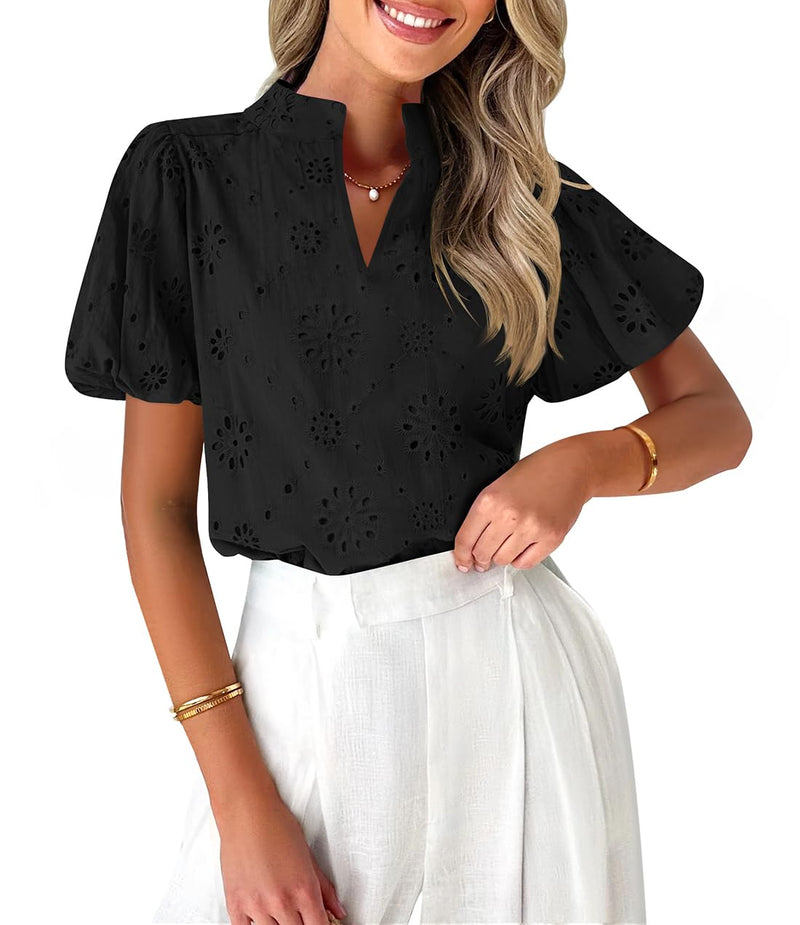 ZESICA Women's Summer Short Puff Sleeve Shirts 2025 V Neck Casual Hollow Out Lace Embroidered Blouse Tops,Black,Medium