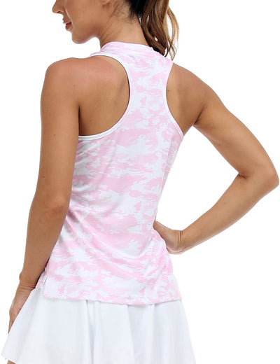 MoFiz Women's Golf Polo Tennis Shirt Sleeveless Racerback UPF 50+ 1/4 Zip Collarless Quick-Dry Lightweight Athletic Tank Top for Workout Running Sports Pink Camo Print M