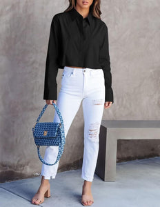 INFITTY Womens Button Down Blouse Casual Long Sleeve Shirt Lapel Cotton Oversized Loose Fall Crop Tops Black S