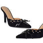 Load image into Gallery viewer, DOEYG Studded Heeled Mules for Women Suede Vintage Stiletto Heels Pointy Slip on Bow Tie Pumps Shoes Backless Mid Heels Dress Party Slide Heeled Sandals for Women
