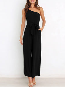 ANRABESS Women Summer Dressy Jumpsuits One Shoulder Sleeveless Casual Wide Leg Pants Romper Jumper 2025 Trendy Outfits Black Medium