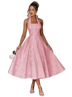 Load image into Gallery viewer, Floral Prom Dress for Women Teens Halter Satin Square Neck A Line Tea Length Midi Formal Evening Gowns with Bow Pockets Pink US22W Plus Size

