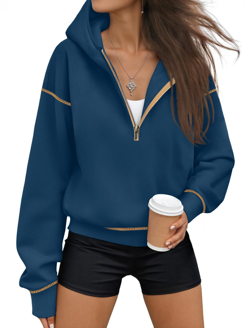 Trendy Queen Half Zip Pullover Hoodies for Women Y2k Cute Cropped Sweatshirts Jackets Fall Fashion 2025 Outfits Clothing Dark Blue M