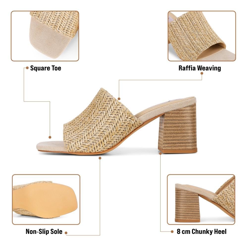 Ancomafio Women's Raffia Heeled Sandals - Square Open Toe, Backless Mules, Slip On Block Heels - Nude, Size 7
