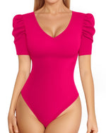 Load image into Gallery viewer, MANGOPOP Women&#39;s Bodysuit Deep V Neck Puff Short Sleeve Slim Fit Body Suits Casual Blouse Tops Elegant
