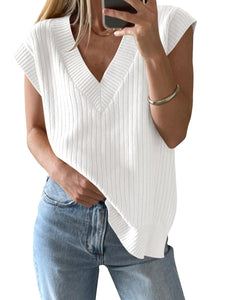 Saodimallsu Womens V Neck Sweater Vest Oversized Ribbed Knit Sleeveless Casual Loose Fit Pullover Tank Top White