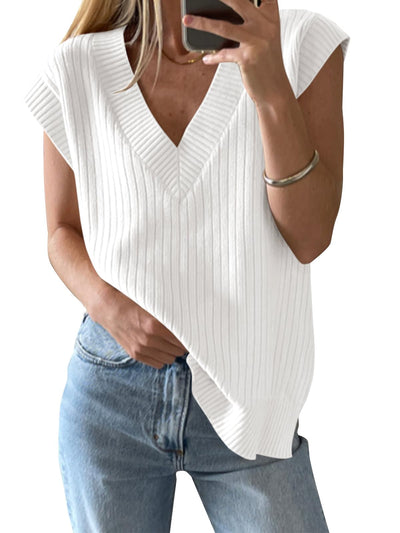Saodimallsu Womens V Neck Sweater Vest Oversized Ribbed Knit Sleeveless Casual Loose Fit Pullover Tank Top White