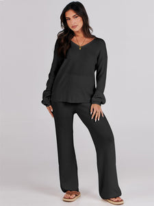 ANRABESS Women 2 Piece Outfits Sweater Lounge Sets Long Sleeve Cable Knit Pullover and Wide Leg Pants Tracksuit Matching Set Black Medium
