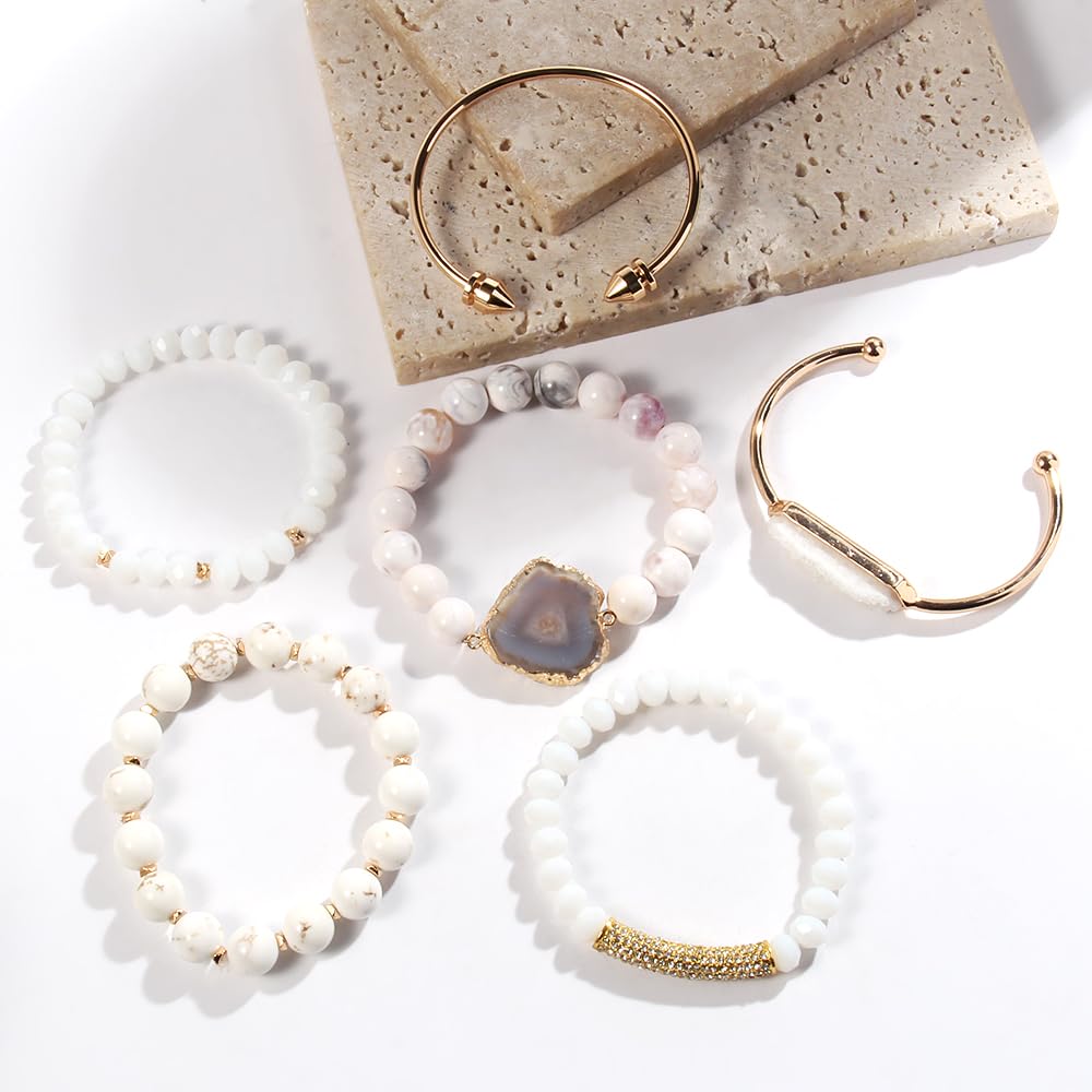 Yomisa 6PCS Natural Boho Beaded Bracelets Bangle for Women,Healing Turquoise Tiger eyes Agate Crystal Gemstone Stone Diamond Chakra Multi Wrap Bohemian Handmade Jewelry Beads Stretch Bracelet Set