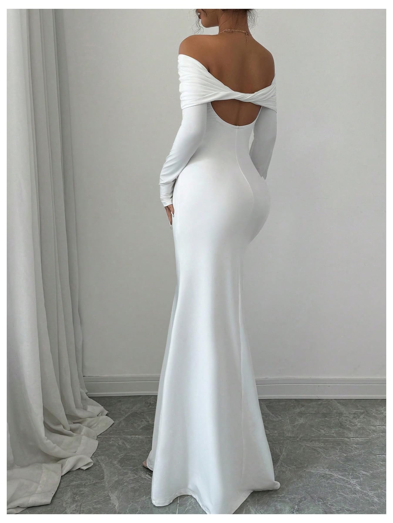 SOLY HUX Women's Long Sleeve Off The Shoulder Bodycon Dress Elegant Maxi Dress Cocktail Prom Dresses Pure White Large