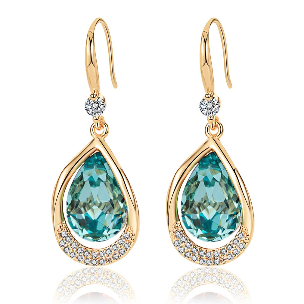 Austrian Crystal Halo Teardrop Hollow Drop Dangle Earrings for Women 14K Rose Gold Plated Hypoallergenic Jewelry (Aquamarine)