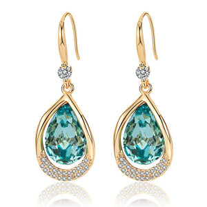 Austrian Crystal Halo Teardrop Hollow Drop Dangle Earrings for Women 14K Rose Gold Plated Hypoallergenic Jewelry (Aquamarine)