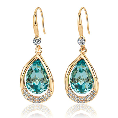 Austrian Crystal Halo Teardrop Hollow Drop Dangle Earrings for Women 14K Rose Gold Plated Hypoallergenic Jewelry (Aquamarine)