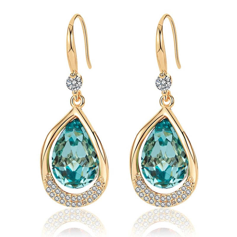 Austrian Crystal Halo Teardrop Hollow Drop Dangle Earrings for Women 14K Rose Gold Plated Hypoallergenic Jewelry (Aquamarine)