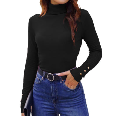 Hyipels Women's Turtleneck Sweater Long Sleeve Fitted Lightweight Soft Knit Pullover with Metal Buttons Black