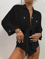 Load image into Gallery viewer, Bsubseach Womens Modern Swimsuit Cover Up Blouse Button Down Shirt Dresses Tops Black M
