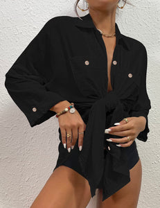 Bsubseach Womens Modern Swimsuit Cover Up Blouse Button Down Shirt Dresses Tops Black M