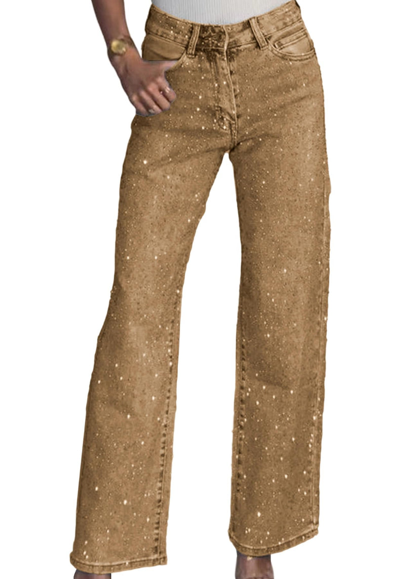 Famnbro Womens Rhinestone Jeans Baggy Y2K High Waisted Straight Wide Leg Sparkly Bling Glitter Denim Pants Brown