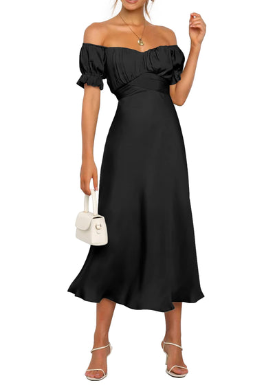 KIRUNDO Women's 2025 Summer Satin Midi Dress Off The Shoulder Wrap Ruched Wedding Guest Party Cocktail Formal Prom Dresses (Black, Medium)
