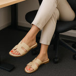 Load image into Gallery viewer, CUSHIONAIRE Voyage Cutout Strap Slides for Women, Slip On Summer Flats, Trendy Footwear, Comfortable Vacation Style Sandals for Women 2025, TAN 7.5
