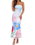 Load image into Gallery viewer, ZESICA Womens Boho Floral Strapless Maxi Dress 2025 Summer Off Shoulder Bodycon Beach Party Long Dresses, Sky, Medium

