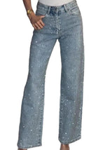 Load image into Gallery viewer, Famnbro Womens Rhinestone Jeans Baggy Y2K High Waisted Straight Wide Leg Sparkly Bling Glitter Denim Pants Blue
