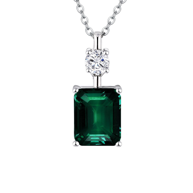 18K White Gold Plated Silver Necklace With 4.25 Carat Total Weight of Lab Grown (Green Color, Emerald Shape, VS Clarity) & Lab Grown Diamond (Round, D-E, VS) in 16/18" Length, Gift For Her Jewelry
