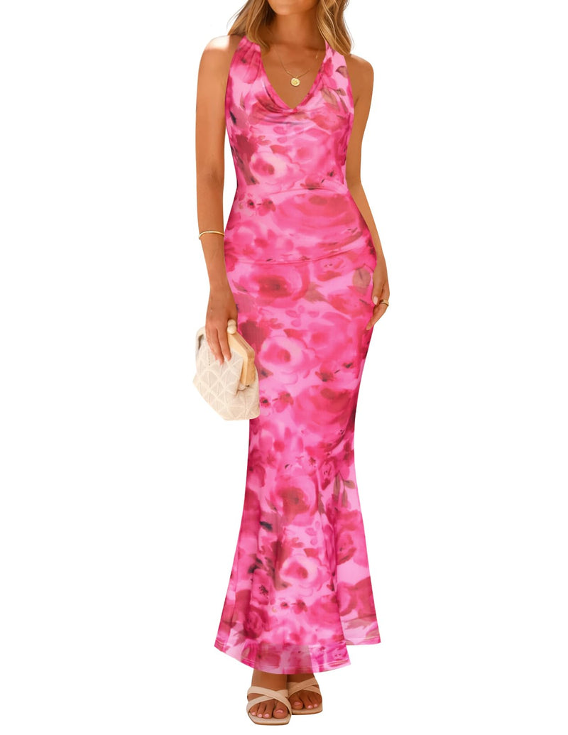 ZESICA Women's 2026 Summer Halter Neck Floral Print Maxi Dress Sleeveless Backless Wedding Guest Party Bodycon Long Dresses,Rosy Pink,Medium