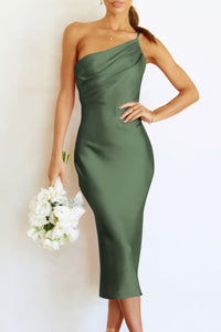 PRETTYGARDEN Women's Midi Satin Dress One Shoulder Spaghetti Strap Backless Ruched Summer Bodycon Dresses (Army Green,Small)