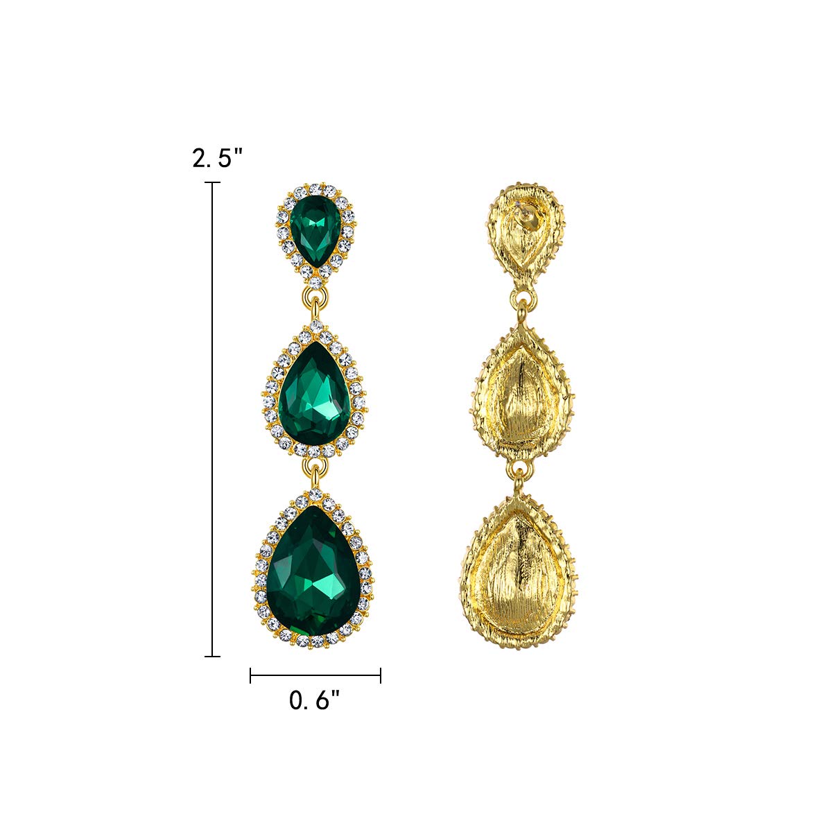 EleQueen Women's Gold-tone Austrian Crystal Teardrop Pear Shape 2.5 Inch Long Dangle Earrings Emerald Color