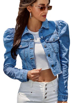 Load image into Gallery viewer, Nihsatin Women’s Puff Sleeve Cropped Denim Jacket Button-Up Short Jean Coat
