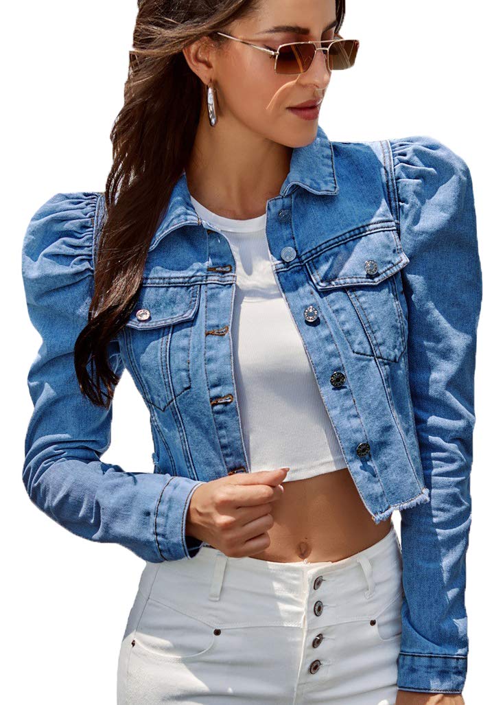 Nihsatin Women’s Puff Sleeve Cropped Denim Jacket Button-Up Short Jean Coat