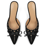 Load image into Gallery viewer, DOEYG Studded Heeled Mules for Women Suede Vintage Stiletto Heels Pointy Slip on Bow Tie Pumps Shoes Backless Mid Heels Dress Party Slide Heeled Sandals for Women
