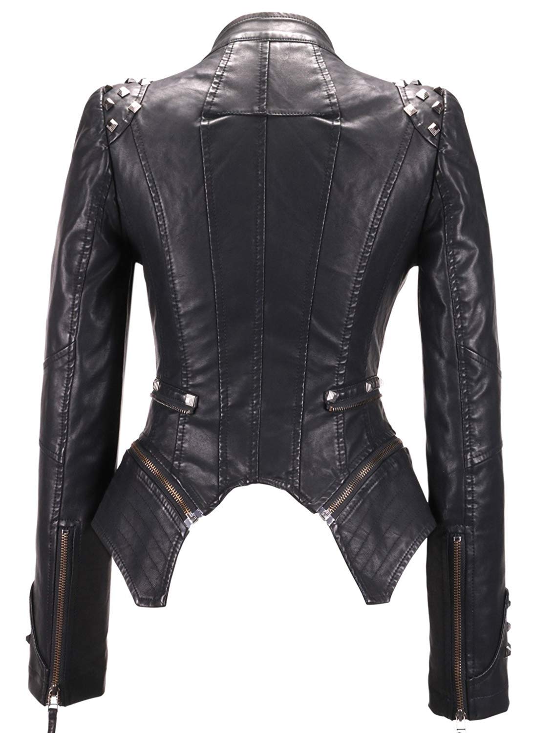 chouyatou Women's Fashion Studded Perfectly Shaping Faux Leather Biker Jacket (Medium, Black)