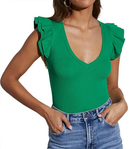 Ezbelle Women's Summer Sleeveless Tops Ruffle Shirts Crop Tank Top Deep V Neck Shirts Short Sleeve Sexy Flowy Blouse Knit Work Office Fitted 2025 Small Green